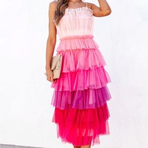 NWT Vici BRADSHAW MONOCHROMATIC TULLE TIERED MIDI DRESS - PINK MULTI